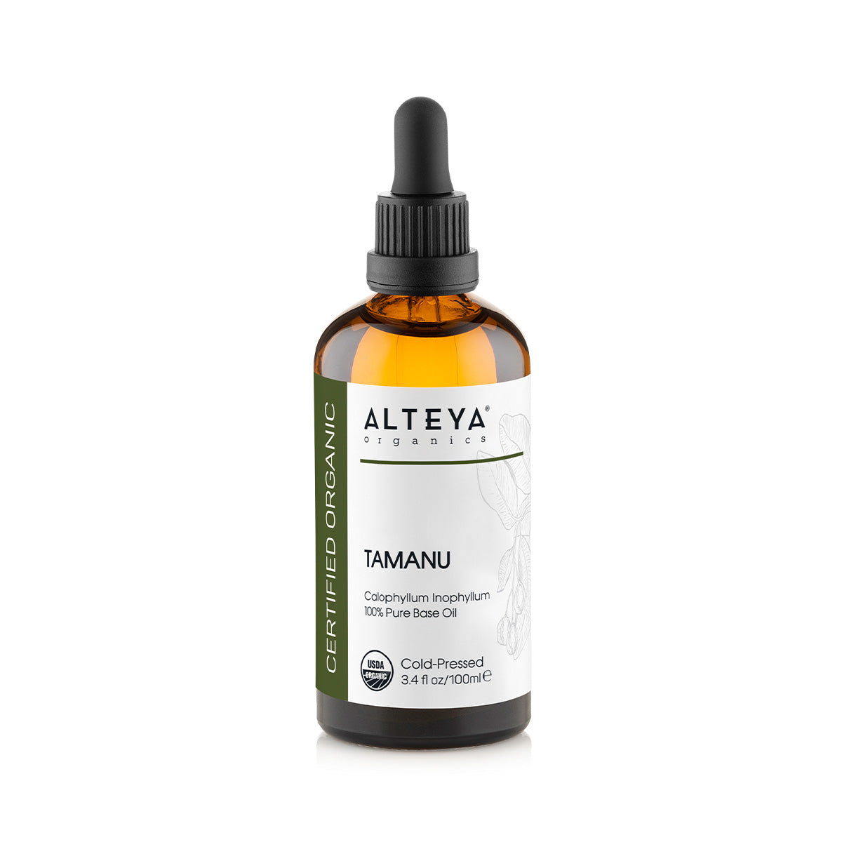 An Alteya Organics Organic Tamanu Carrier Oil bottle with skin clarity benefits, displayed on a white background.
