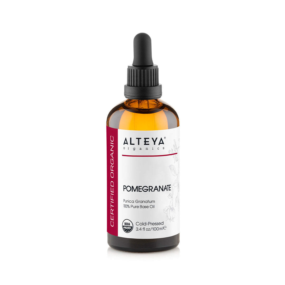 A bottle of Alteya Organics Organic Pomegranate Carrier Oil, a rich source of essential fatty acids, on a white background.