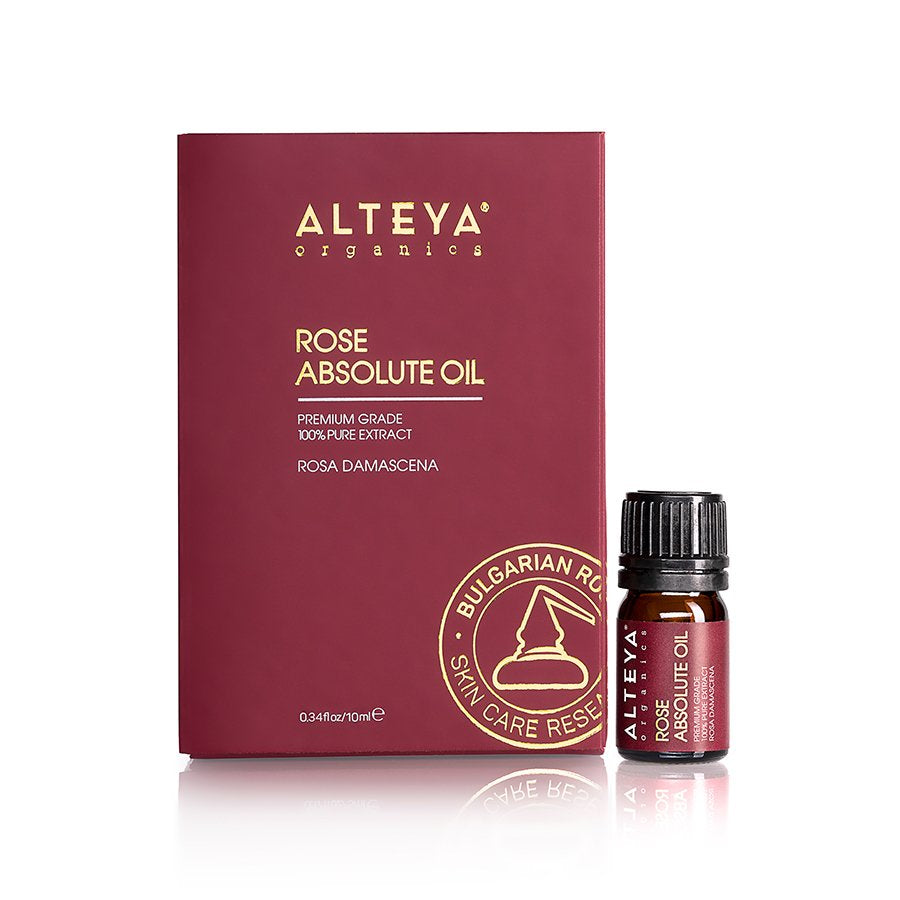 Alteya Organics Bulgarian Rose Absolute oil with intense floral aroma in a box.