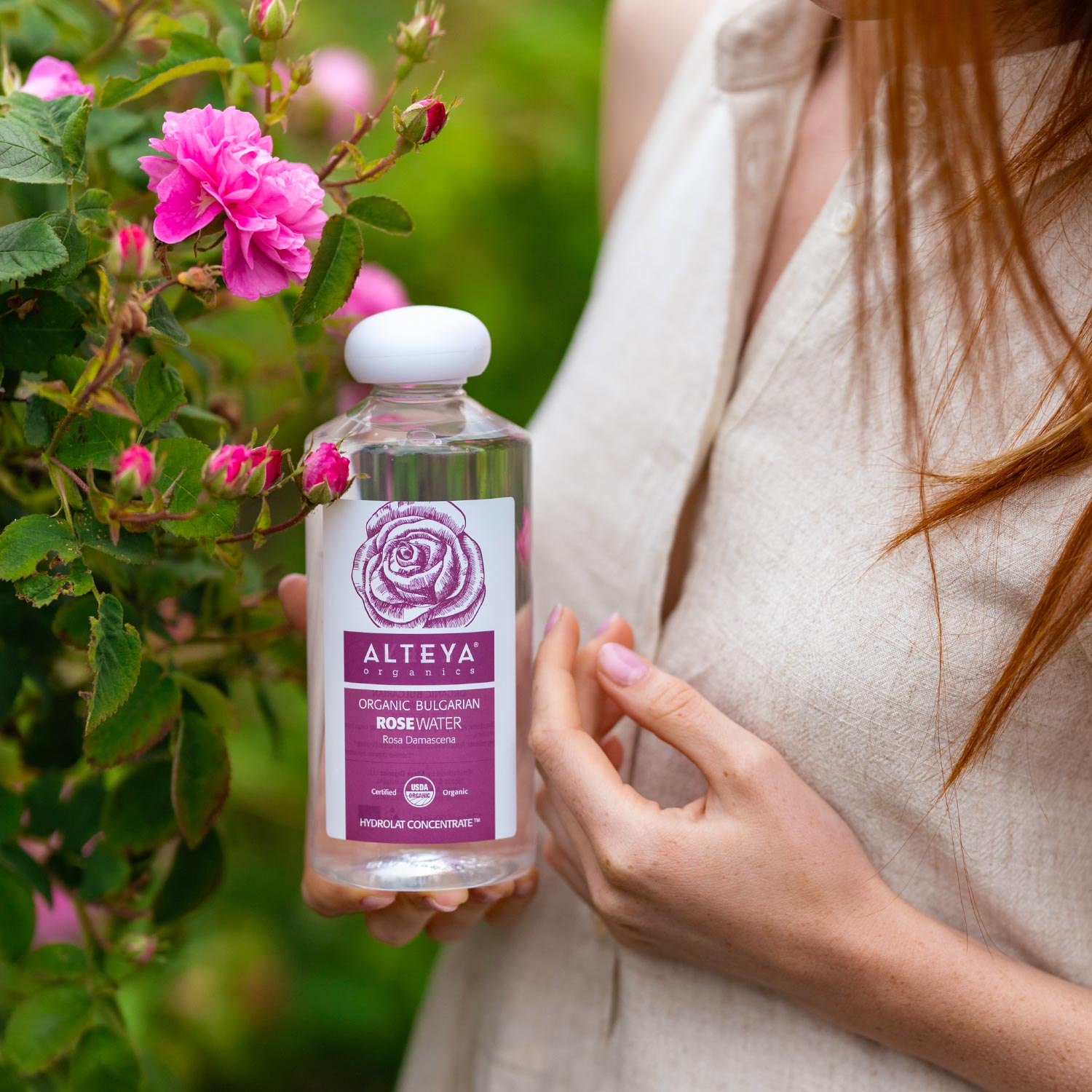 A woman holding a bottle of Alteya Organics Organic Bulgarian Rose Water - 17 Fl Oz, promoting its skincare benefits and hydration properties.