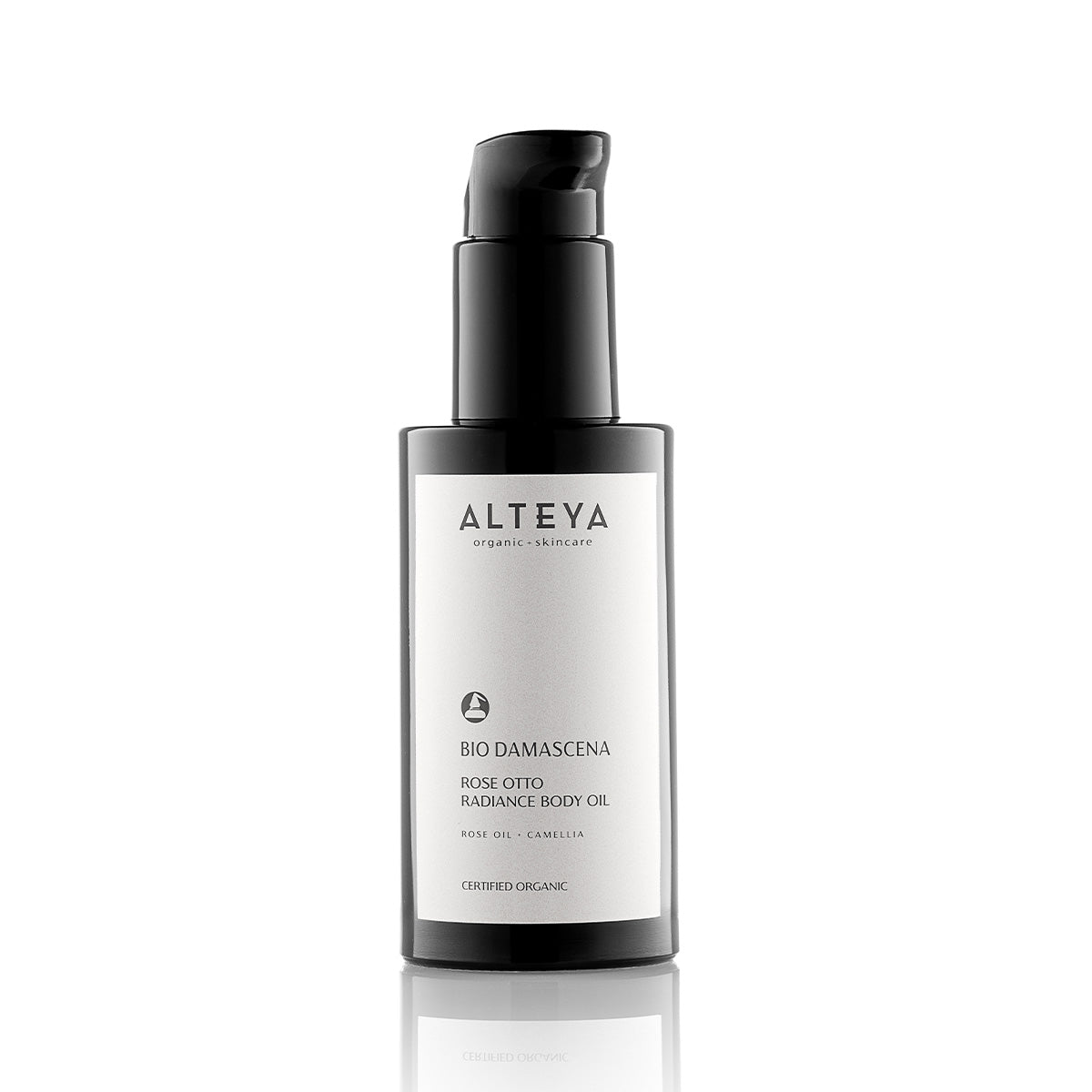 A bottle of Alteya Organics Bio Damascena Rose Otto Radiance Body Oil, enriched with essential nutrients for healthy skin, displayed on a clean white background.