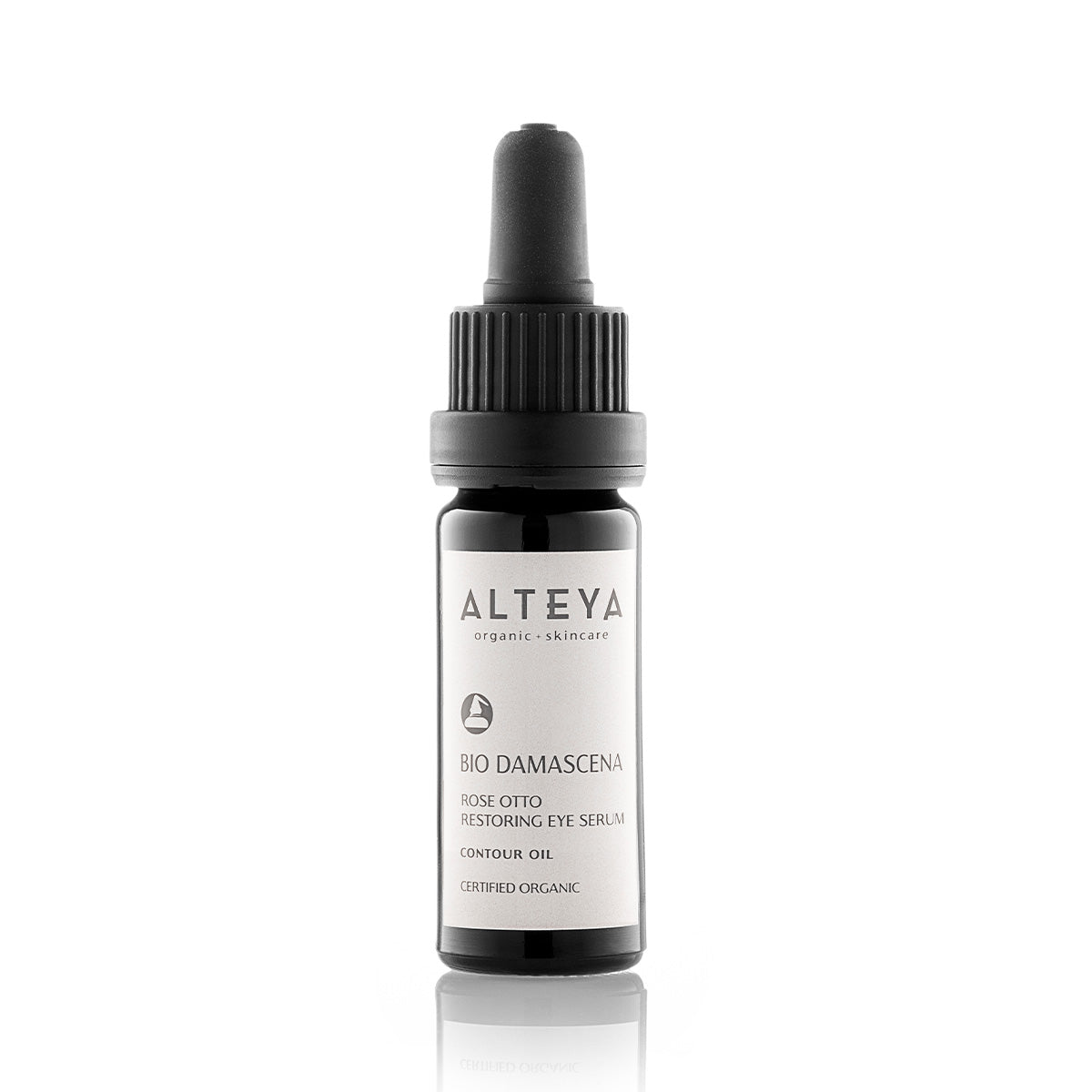 A bottle of Alteya Organics Bio Damascena Rose Otto Restoring Eye Serum, known for its skin-reviving complex, on a white background.