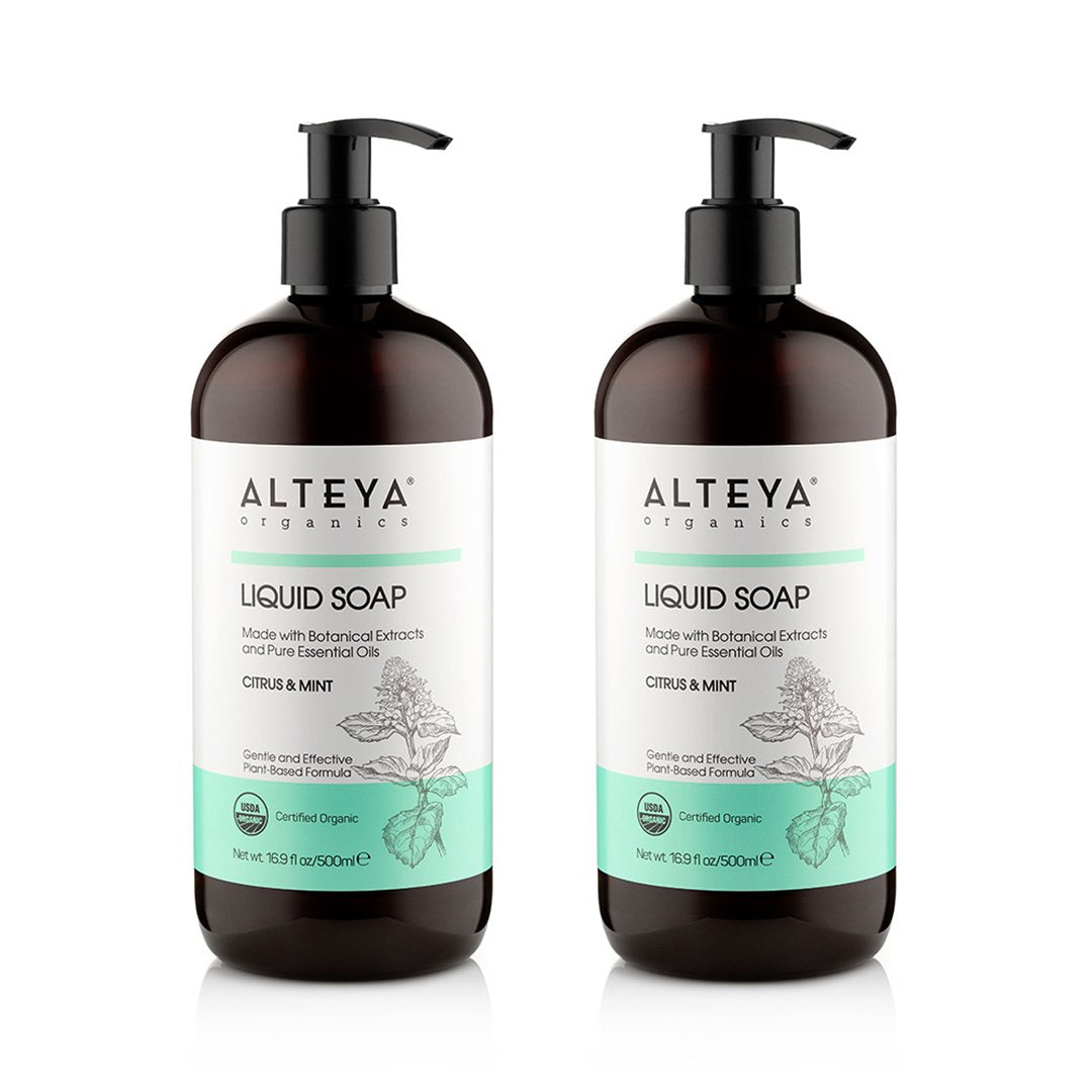 Two bottles of Alteya Organics Liquid Soap Citrus & Mint, infused with a refreshing blend of citrus and mint, displayed on a pristine white background.