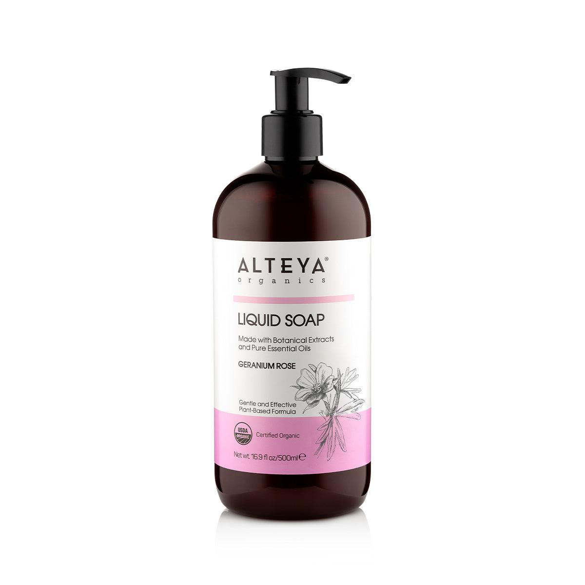A bottle of Alteya Organics Liquid Soap Geranium Rose on a white background.