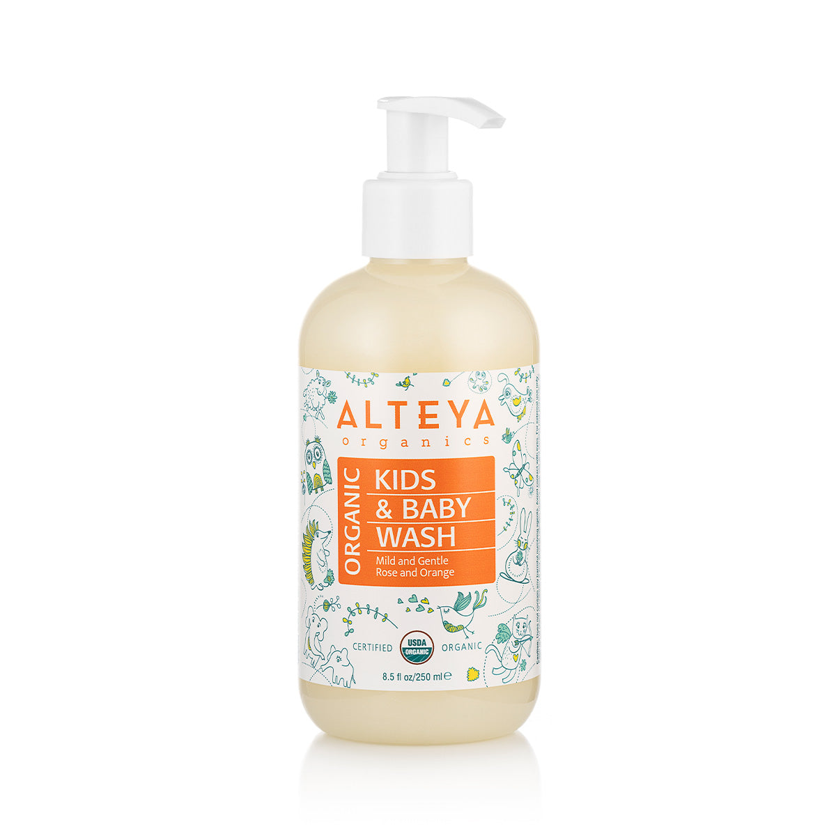 A bottle of Alteya Organics Organic Baby Wash Mild and Gentle 8.5 Fl Oz on a white background, perfect for sensitive skin.