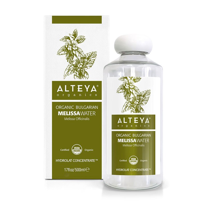 A bottle of Alteya Organics Bulgarian Organic Melissa Water for troublesome and dull skin, accompanied by a box.