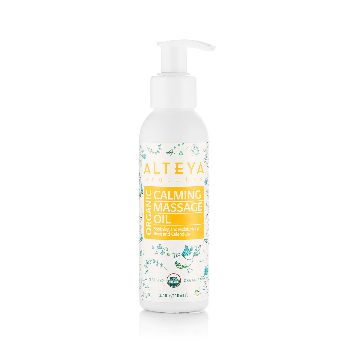 An Alteya Organics bottle of Baby Massage Oil Certified organic, a gentle oil ideal for baby care, resting on a white background.