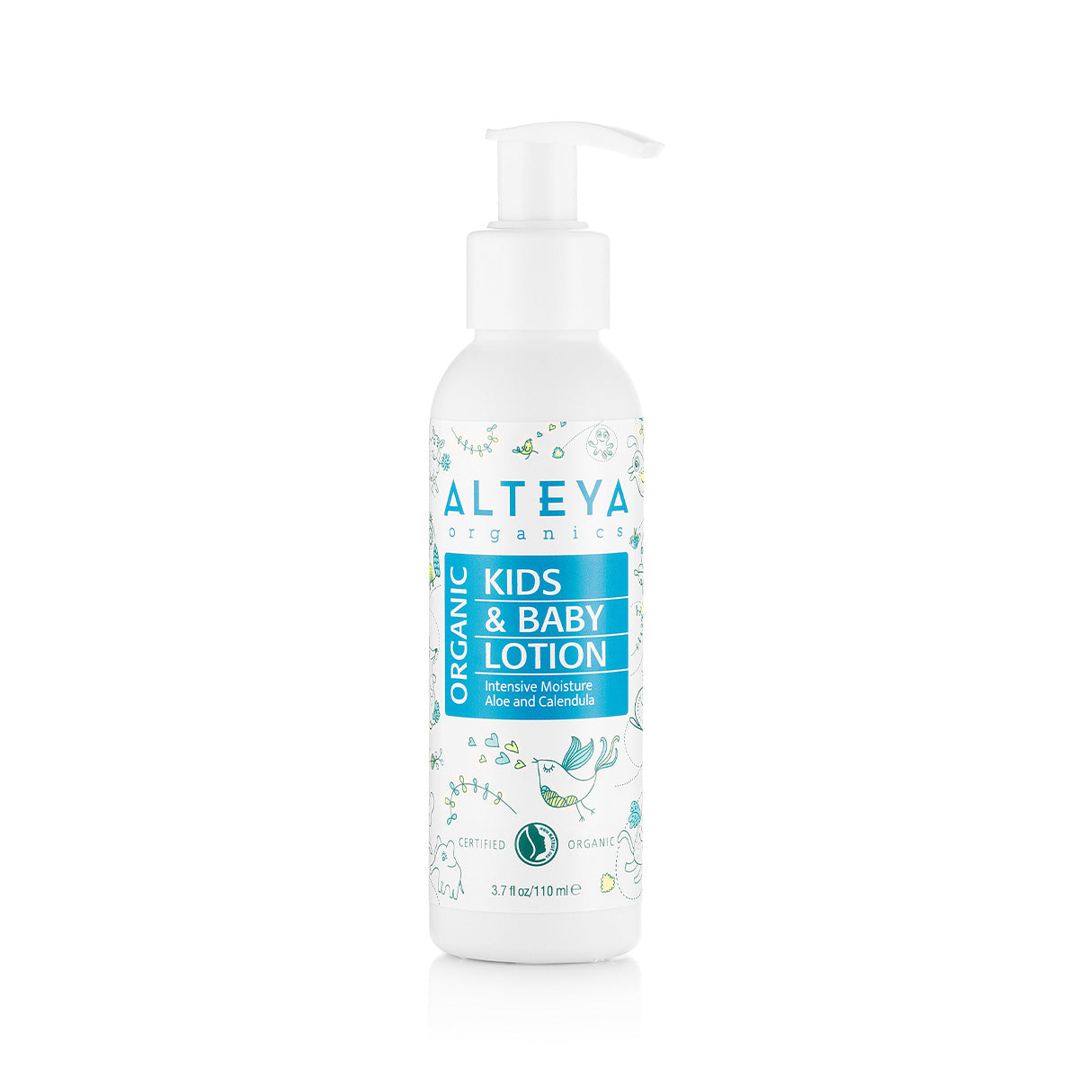 A bottle of Alteya Organics certified organic baby body lotion on a white background.