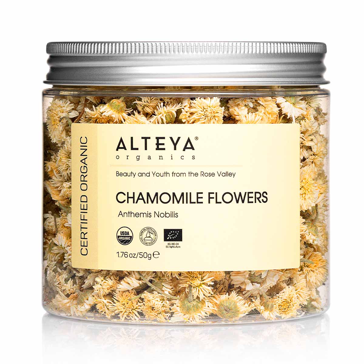A jar of Alteya Organics Chamomile Flowers.
