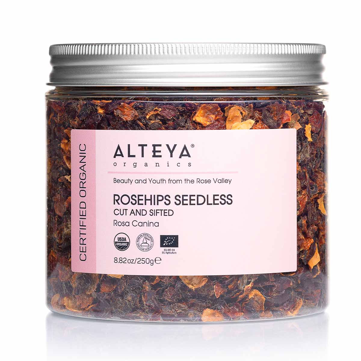An Alteya Organics organic jar of Rosehips Seedless / Cut and Sifted granola, rich in vitamin C and completely seedless.